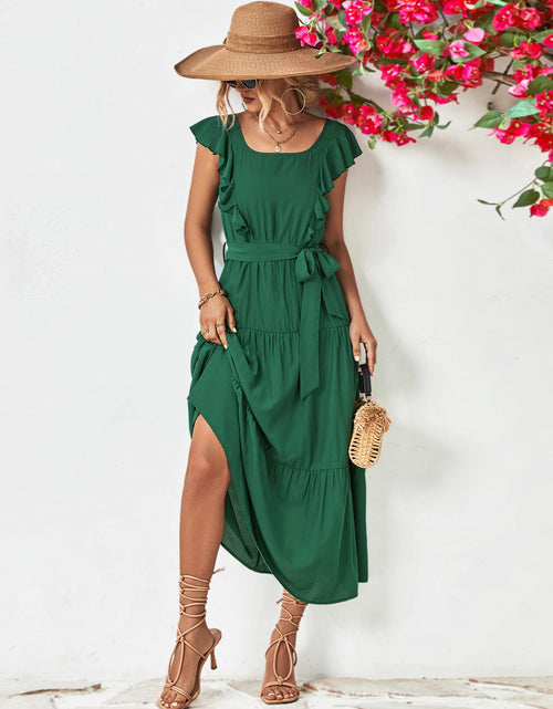 Load image into Gallery viewer, Tie Belt Ruffled Tiered Dress
