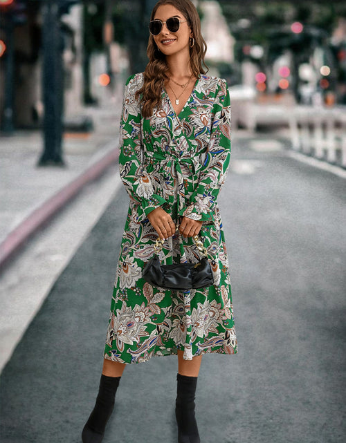 Load image into Gallery viewer, Printed Tie Front Surplice Flounce Sleeve Dress
