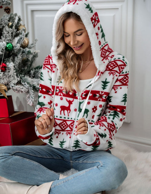 Load image into Gallery viewer, Drawstring Christmas Element Zip Up Hooded Jacket
