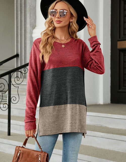 Load image into Gallery viewer, Color Block Round Neck Long Sleeve Slit T-Shirt
