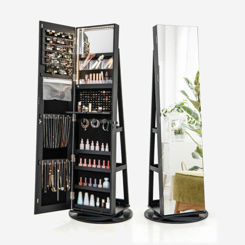 Load image into Gallery viewer, 360° Rotating Mirrored Jewelry Cabinet Armoire 3 Color LED Modes Lockable-Black
