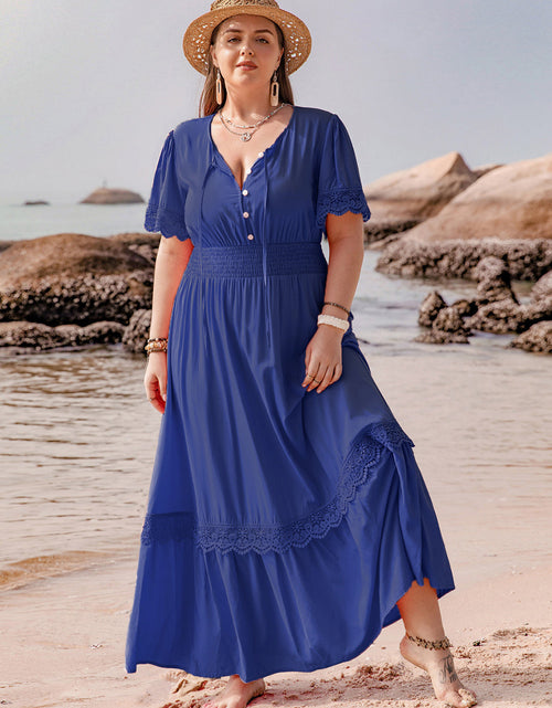 Load image into Gallery viewer, Plus Size Lace Detail Tie Neck Short Sleeve Maxi Dress
