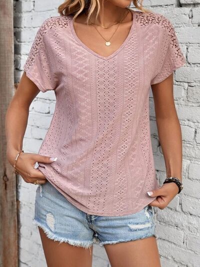 Load image into Gallery viewer, Eyelet V-Neck Short Sleeve T-Shirt
