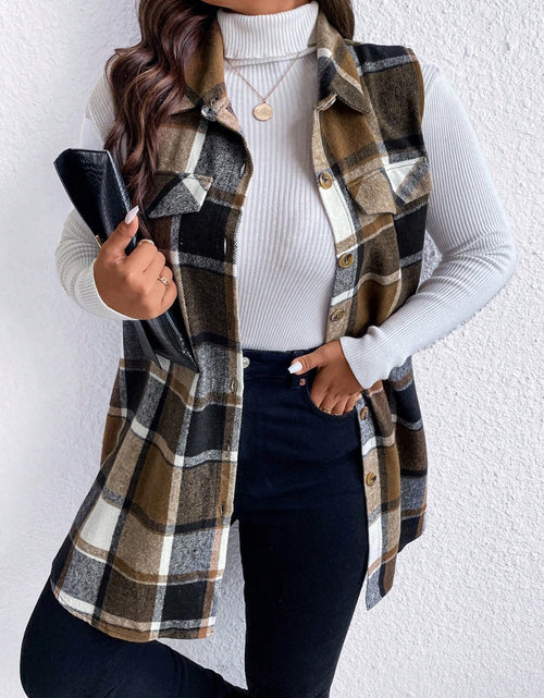 Load image into Gallery viewer, Honey Plus Size Pocketed Plaid Button Up Vest Coat
