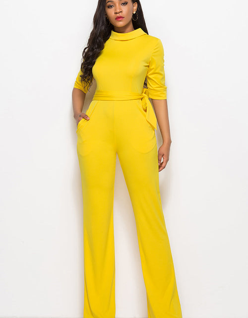 Load image into Gallery viewer, Mock Neck Tie-Waist Half Sleeve Jumpsuit
