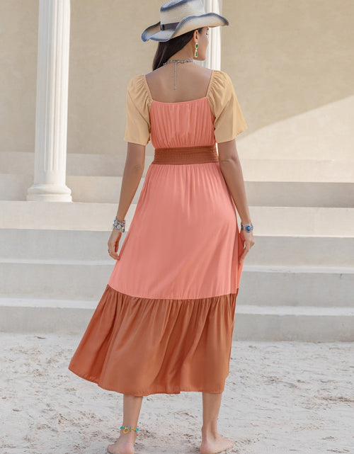 Load image into Gallery viewer, Color Block Tie Front Smocked Midi Dress
