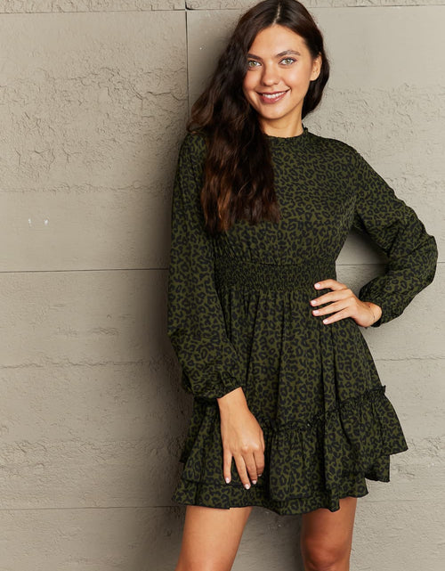 Load image into Gallery viewer, Honey Leopard Smock Waist Long Sleeve Dress
