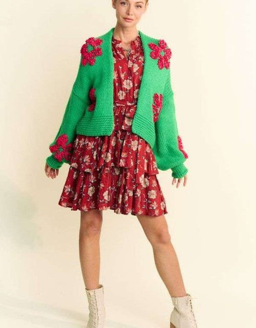 Load image into Gallery viewer, Davi &amp; Dani Floral Applique Open Front Drop Shoulder Cardigan
