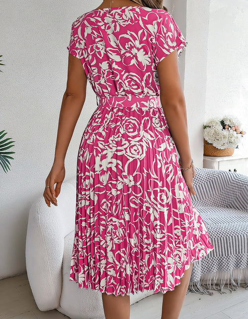 Load image into Gallery viewer, Tied Pleated Printed Short Sleeve Dress
