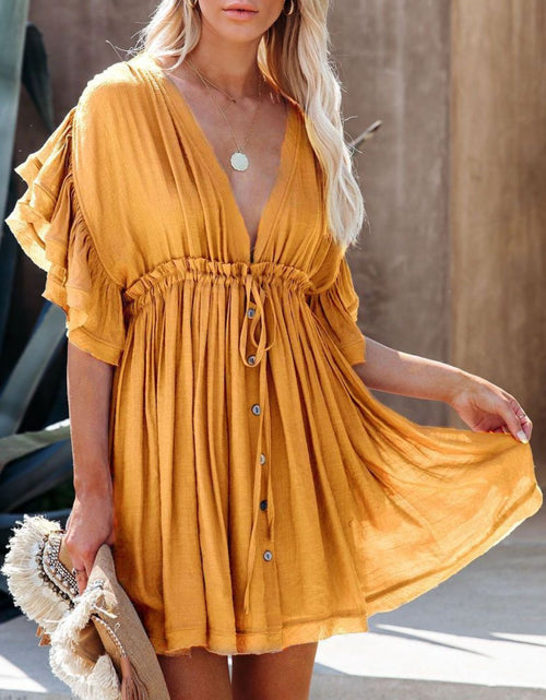 Load image into Gallery viewer, Drawstring Ruffled Half Sleeve Mini Dress
