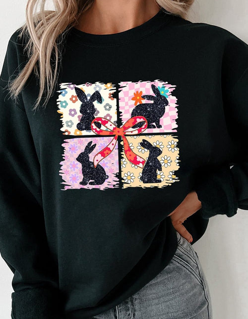 Load image into Gallery viewer, Floral Bunny Plaid Bow Graphic Easter Sweatshirt
