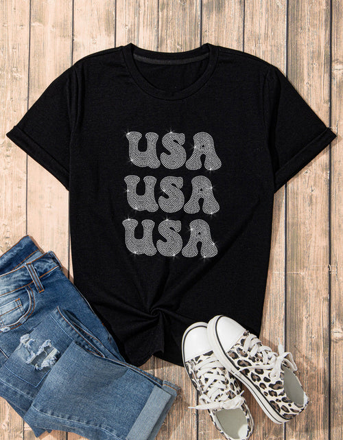 Load image into Gallery viewer, USA Rhinestone Round Neck Short Sleeve T-Shirt
