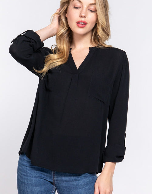 Load image into Gallery viewer, ACTIVE BASIC Full Size Notched Long Sleeve Woven Top
