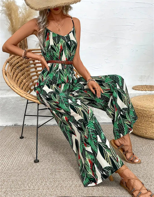 Load image into Gallery viewer, Tropical Print Spaghetti Strap Wide Leg Jumpsuit
