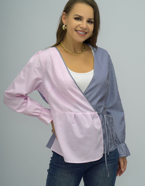 Load image into Gallery viewer, Shiny Surplice Neck Striped Long Sleeve Blouse
