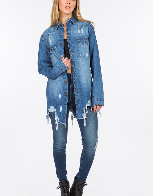 Load image into Gallery viewer, American Bazi Distressed Frayed Hem Denim Jacket
