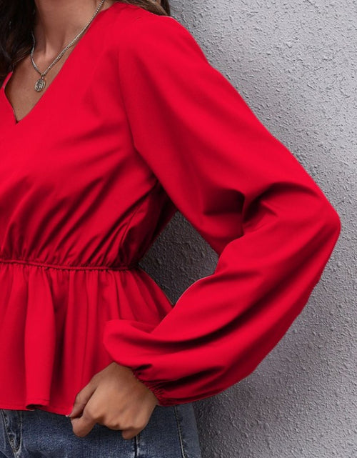 Load image into Gallery viewer, V-Neck Balloon Sleeve Peplum Blouse
