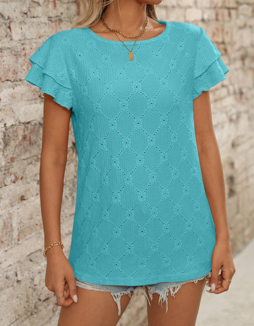 Load image into Gallery viewer, Eyelet Round Neck Double Layered Ruffled Short Sleeve Top
