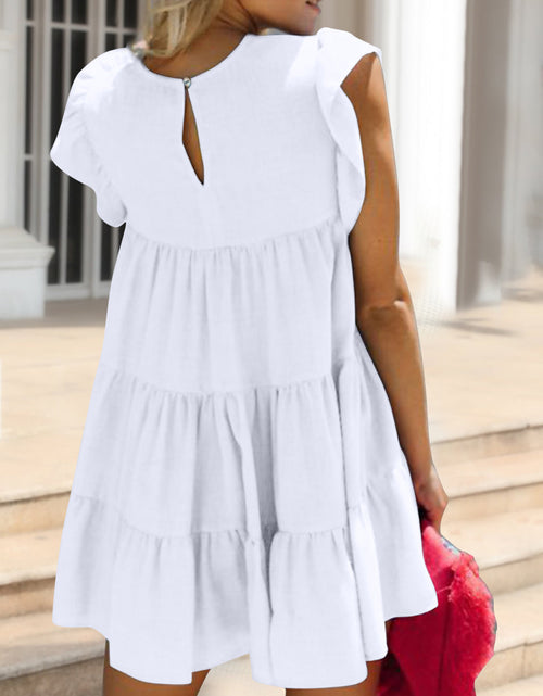 Load image into Gallery viewer, Ruched Round Neck Cap Sleeve Mini Dress
