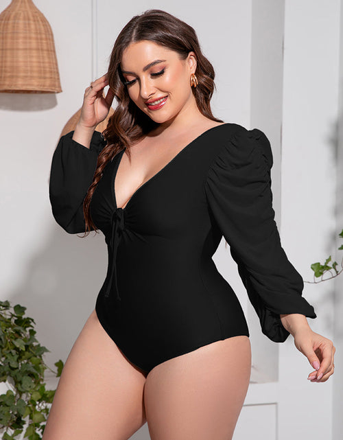 Load image into Gallery viewer, Plus Size Tied Deep V Balloon Sleeve One-Piece Swimsuit
