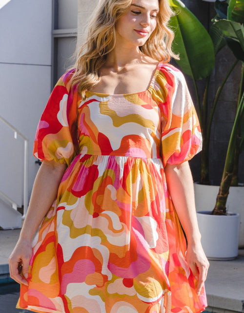 Load image into Gallery viewer, ODDI Full Size Printed Tied Back Short Sleeve Mini Dress
