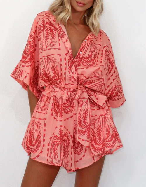 Load image into Gallery viewer, Printed Tie Waist Half Sleeve Romper
