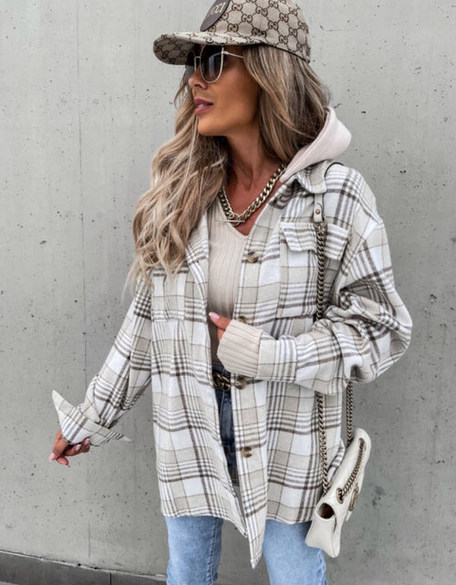 Load image into Gallery viewer, Plaid Dropped Shoulder Hooded Jacket
