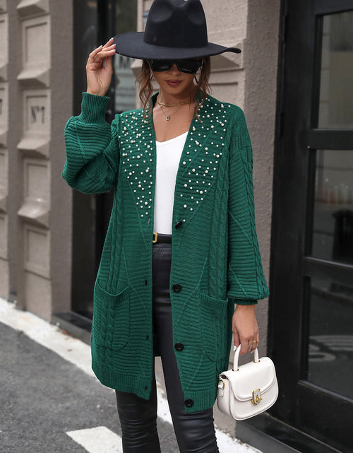 Load image into Gallery viewer, Perfee Pearl Detail Cable-Knit Button Up Cardigan
