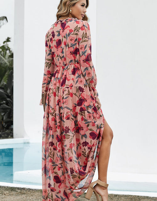 Load image into Gallery viewer, Floral Frill Trim Flounce Sleeve Plunge Maxi Dress
