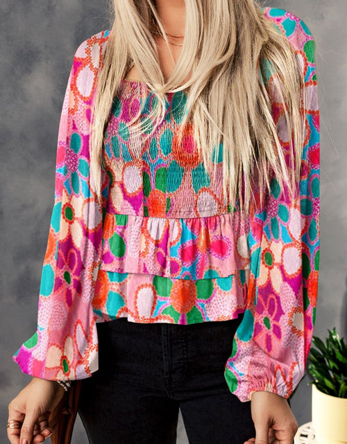 Load image into Gallery viewer, Floral Smocked Ruffled Balloon Sleeve Blouse
