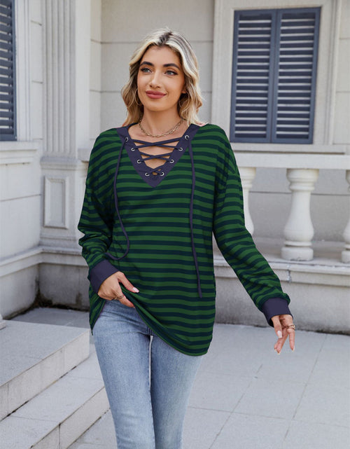 Load image into Gallery viewer, Lace-Up Striped Long Sleeve T-Shirt
