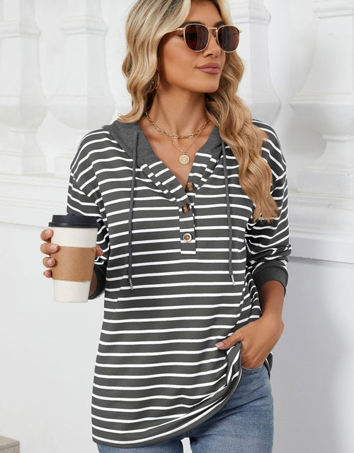 Load image into Gallery viewer, Drawstring Striped Long Sleeve Hoodie
