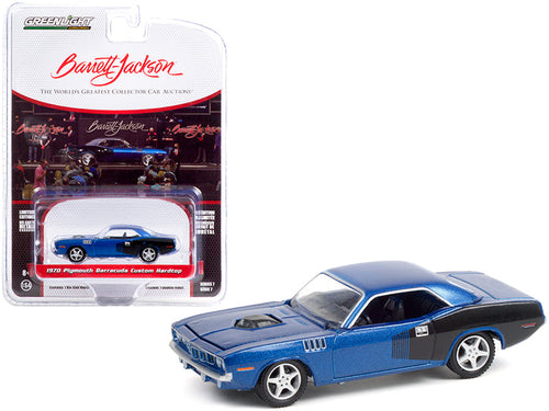 Load image into Gallery viewer, 1970 Plymouth Barracuda Custom Hardtop Blue Metallic and Black with Modern HEMI Lettering (Lot #720) Barrett Jackson "Scottsdale Edition" Series 7 1/64 Diecast Model Car by Greenlight
