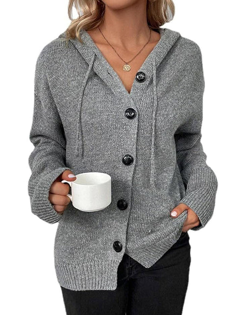 Load image into Gallery viewer, Button Up Drawstring Long Sleeve Hooded Cardigan
