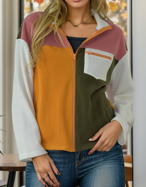 Load image into Gallery viewer, Shiny Color Block Zip-Up Long Sleeve Jacket
