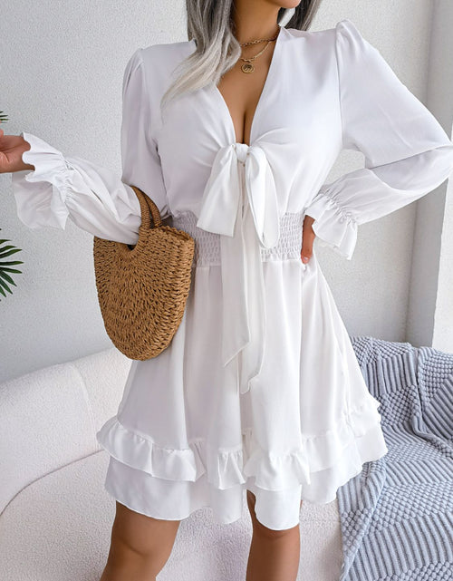 Load image into Gallery viewer, Tie Front Smocked Waist Flounce Sleeve Dress

