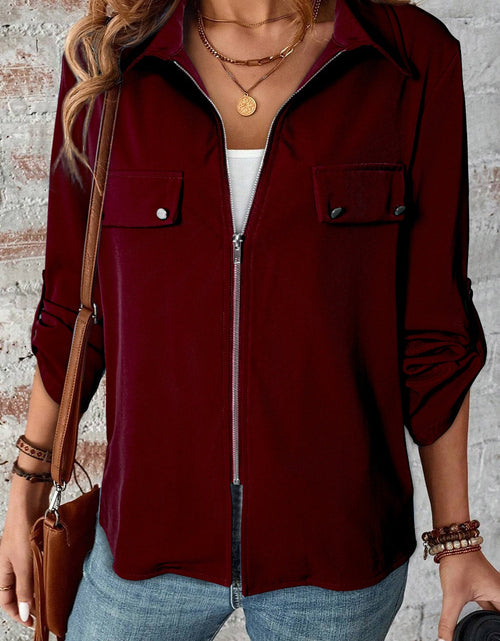 Load image into Gallery viewer, Pocketed Zip Up Collared Neck Long Sleeve Jacket
