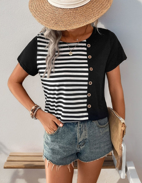 Load image into Gallery viewer, Perfee Striped Round Neck Short Sleeve T-Shirt

