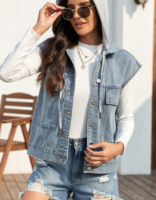 Load image into Gallery viewer, Drawstring Button Up Sleeveless Denim Jacket
