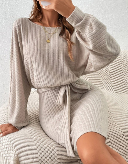 Load image into Gallery viewer, Round Neck Tie Waist Long Sleeve Mini Dress
