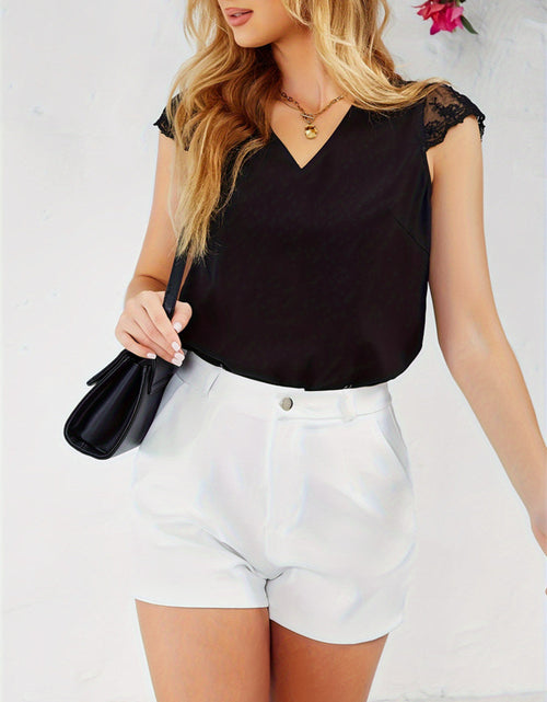 Load image into Gallery viewer, Lace Detail V-Neck Cap Sleeve T-Shirt

