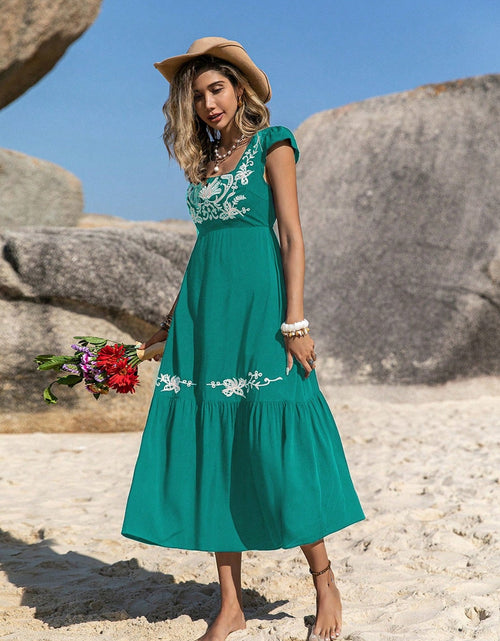 Load image into Gallery viewer, Embroidered Square Neck Cap Sleeve Dress
