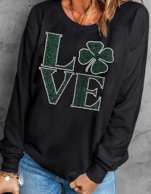 Load image into Gallery viewer, LOVE Rhinestone Clover Round Neck Sweatshirt
