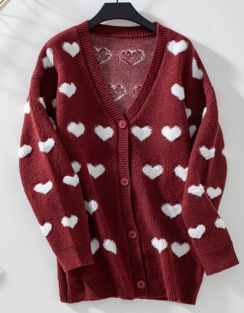 Load image into Gallery viewer, Heart V-Neck Button Up Long Sleeve Cardigan
