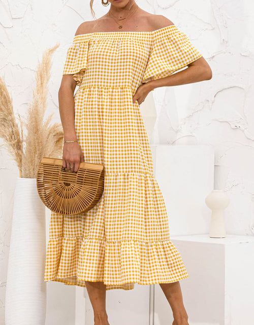 Load image into Gallery viewer, Plaid Off-Shoulder Tiered Midi Dress
