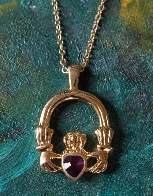 Load image into Gallery viewer, Vintage Claddagh Necklace Austrian Heart Crystal 18k Yellow Gold Electroplated Made in the USA by PVD Vintage Jewelry
