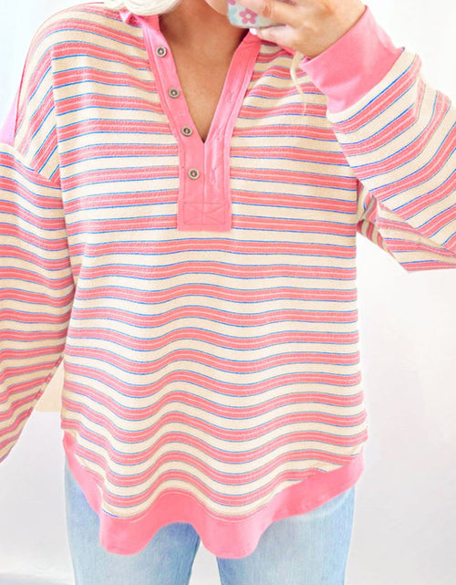 Load image into Gallery viewer, Striped Johnny Collar Long Sleeve Sweatshirt
