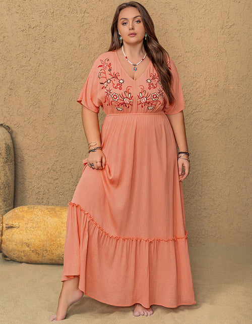 Load image into Gallery viewer, Plus Size Frill Embroidered V-Neck Half Sleeve Maxi Dress

