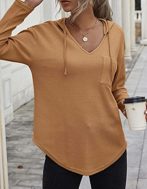 Load image into Gallery viewer, Drawstring Waffle Knit Long Sleeve Hooded Top
