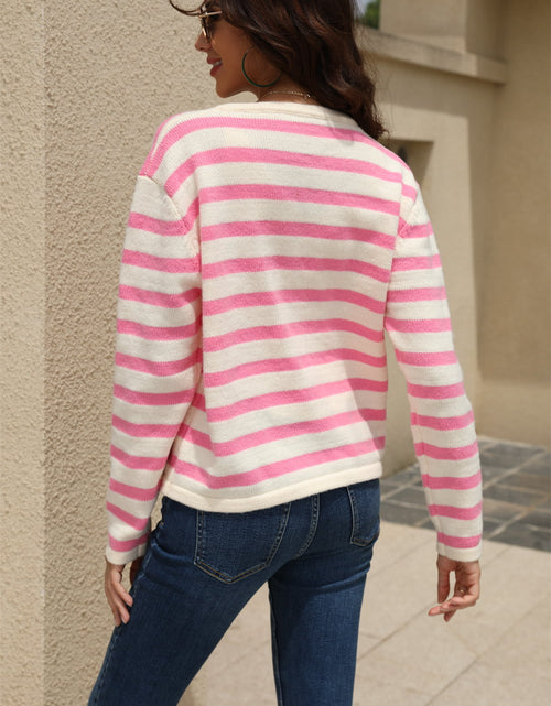 Load image into Gallery viewer, Angel Wings Striped Round Neck Button-Down Dropped Shoulder Cardigan
